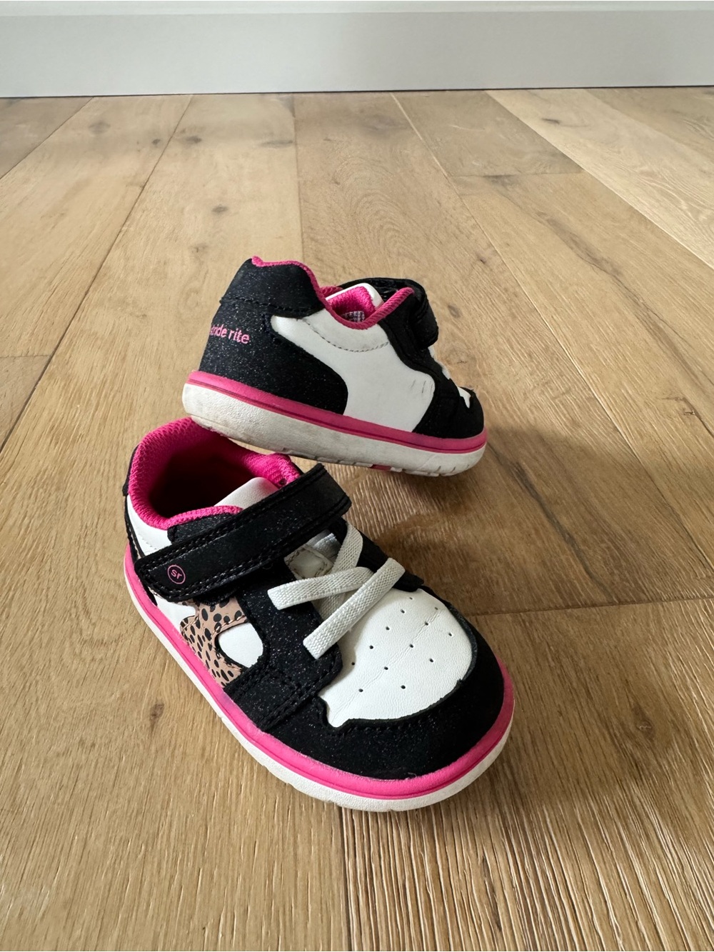 Stride Rite Leopard Black and White Sneakers with Pink Trim